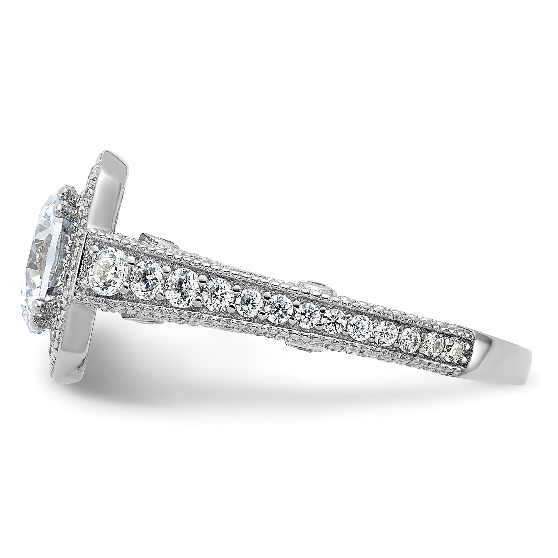 Sterling Silver Rhodium Plated 8mm Center Cz Halo Ring