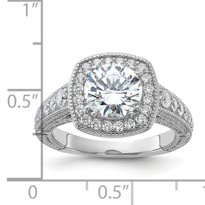 Sterling Silver Rhodium Plated 8mm Center Cz Halo Ring