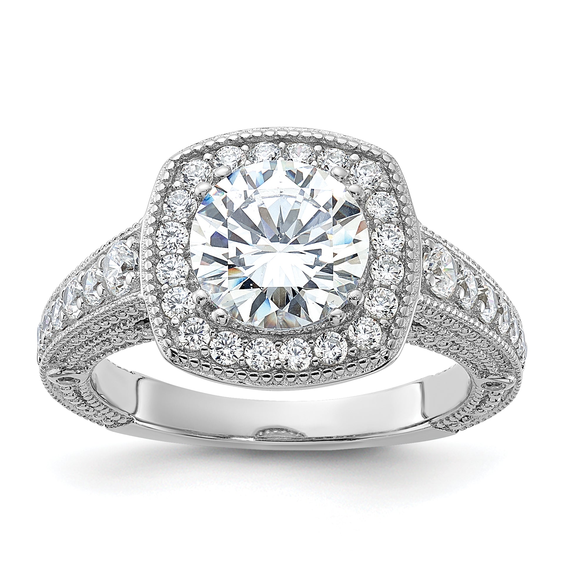 Sterling Silver Rhodium Plated 8mm Center Cz Halo Ring