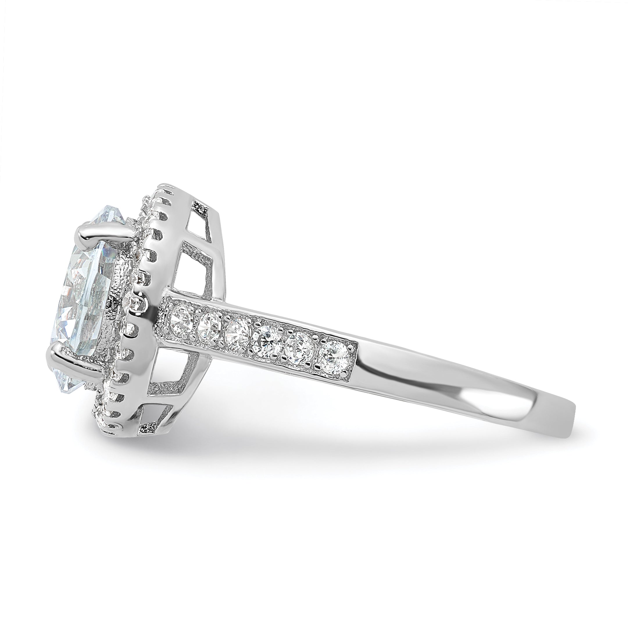 Sterling Silver Rhodium Plated 8mm Center Halo Cz Ring