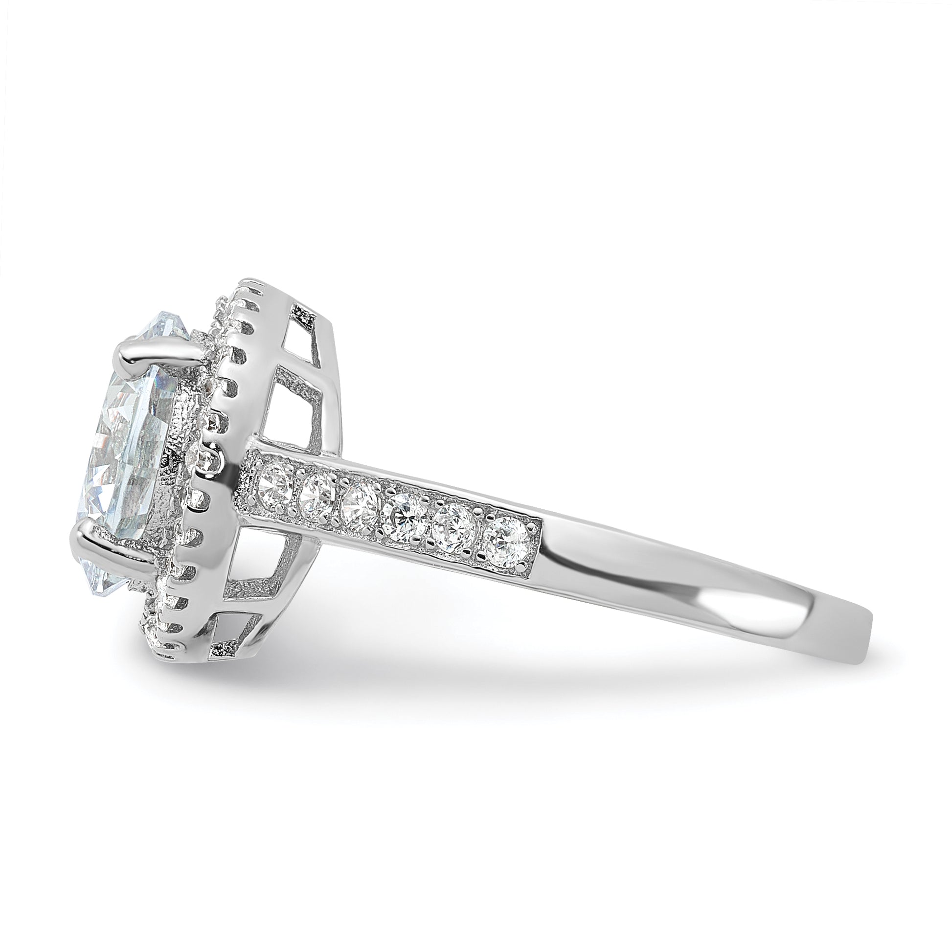 Sterling Silver Rhodium Plated 8mm Center Halo Cz Ring