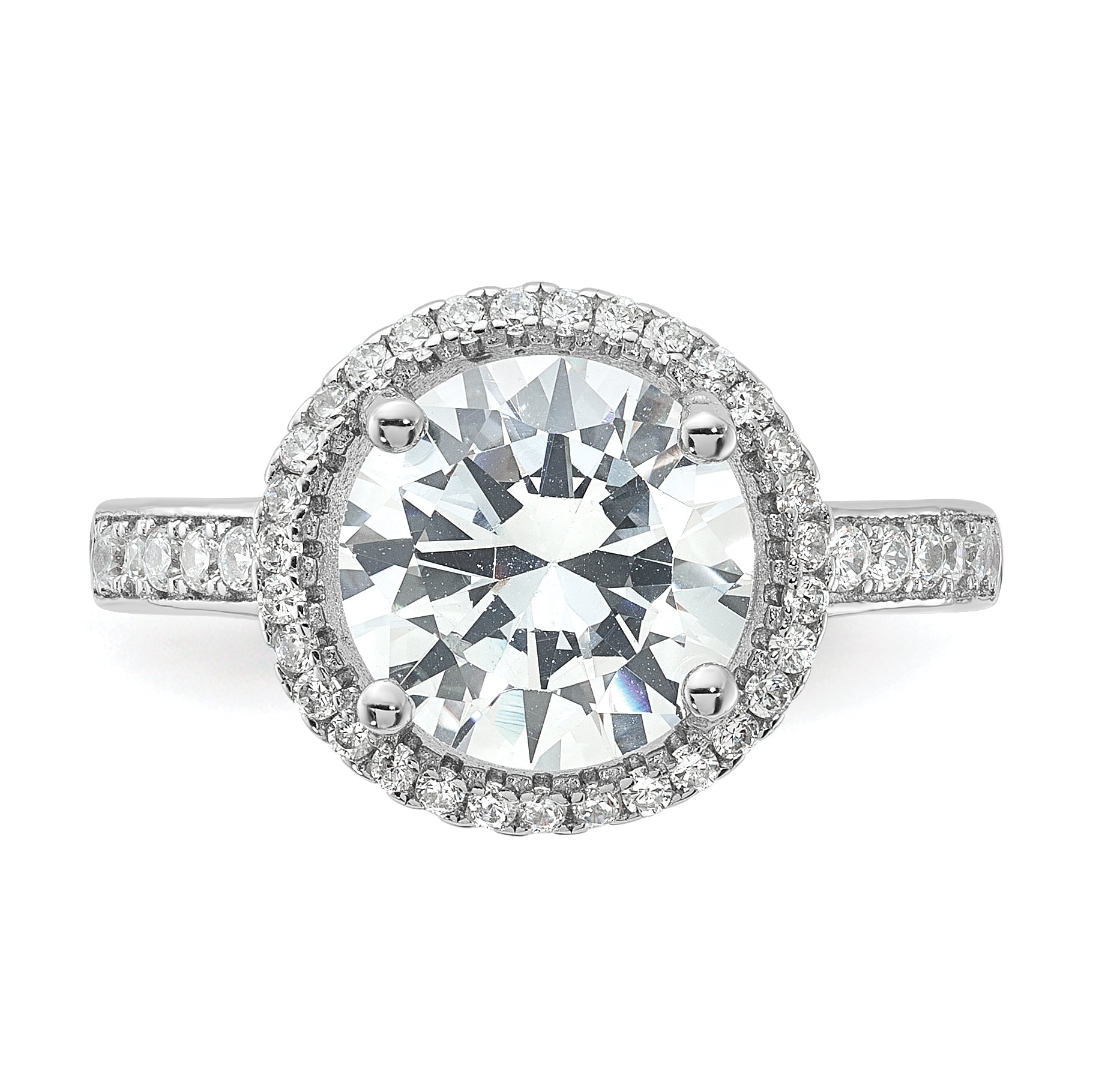 Sterling Silver Rhodium Plated 8mm Center Halo Cz Ring