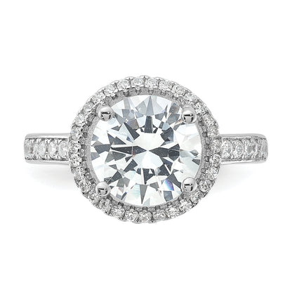 Sterling Silver Rhodium Plated 8mm Center Halo Cz Ring