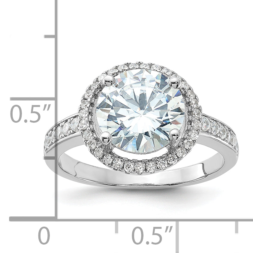 Sterling Silver Rhodium Plated 8mm Center Halo Cz Ring