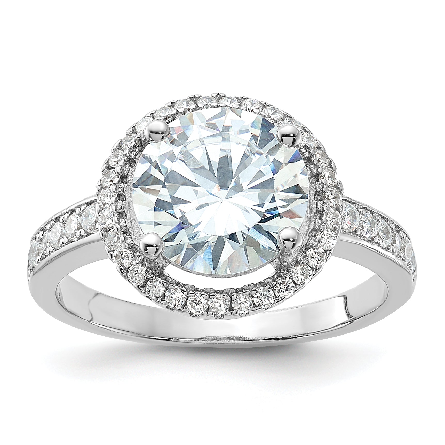 Sterling Silver Rhodium Plated 8mm Center Halo Cz Ring