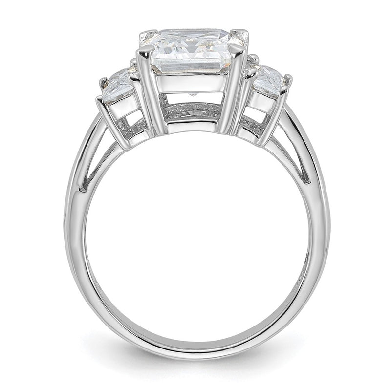 Sterling Silver Rhodium Plated Emerald Cut Cz 3 Stone Ring