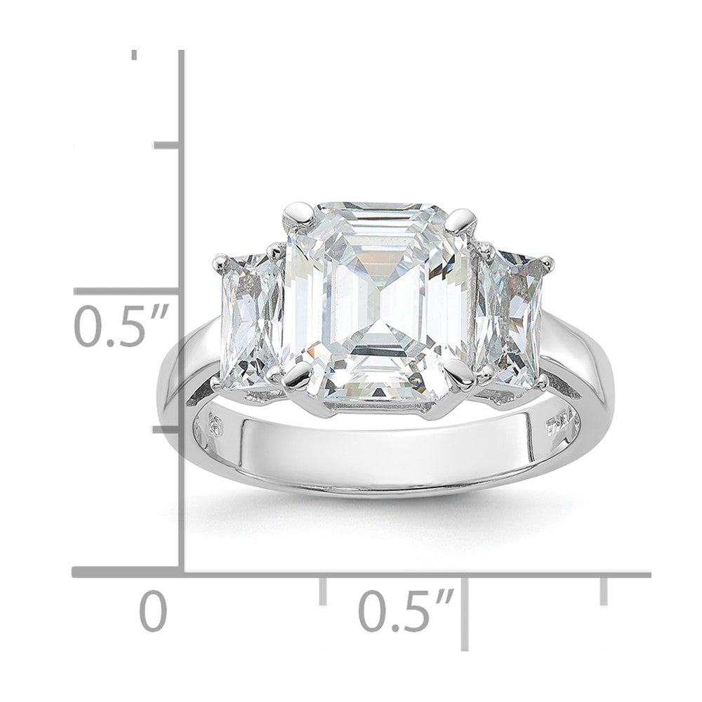Sterling Silver Rhodium Plated Emerald Cut Cz 3 Stone Ring