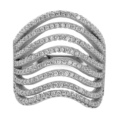Sterling Silver Rhodium Plated Multi Cz Wave Design Ring (Size 6 Only)