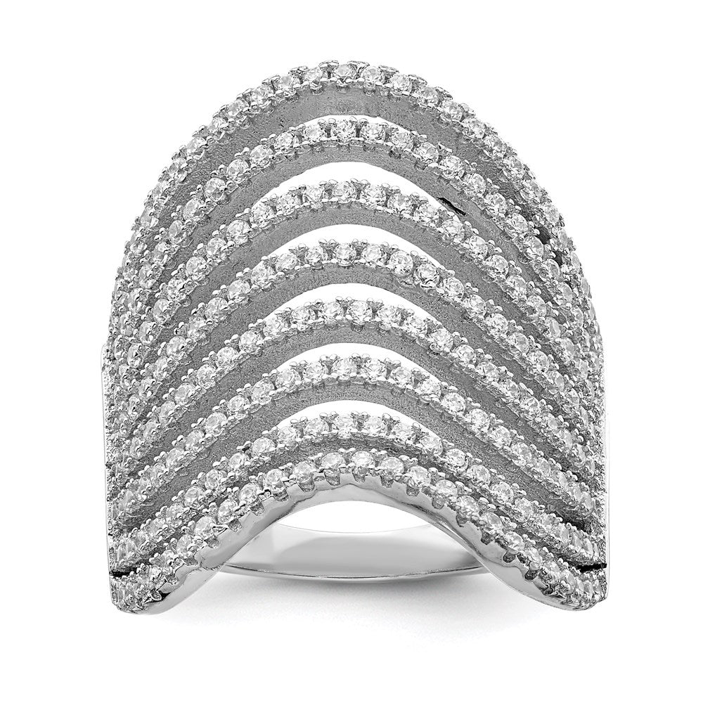 Sterling Silver Rhodium Plated Multi Cz Wave Design Ring (Size 6 Only)