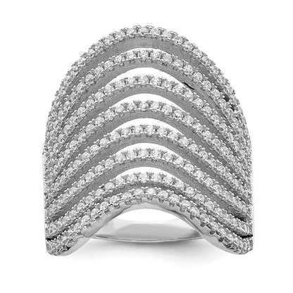 Sterling Silver Rhodium Plated Multi Cz Wave Design Ring (Size 6 Only)