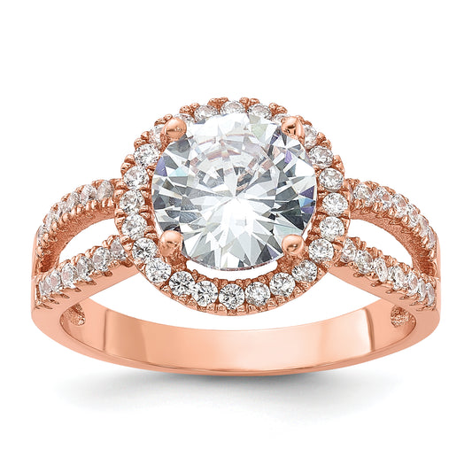 Sterling Silver Rose Tone 8mm Center Cz Halo Ring