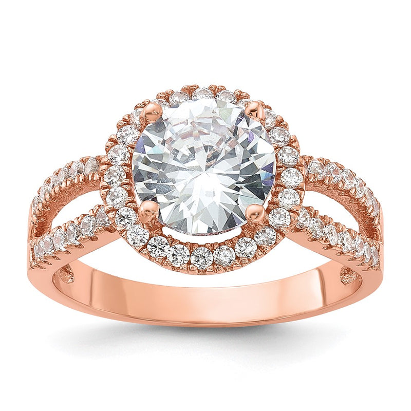 Sterling Silver Rose Tone 8mm Center Cz Halo Ring