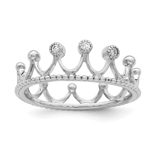 Sterling Silver Rhodium Plated Cz Crown Ring