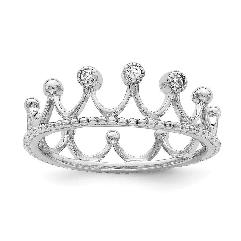 Sterling Silver Rhodium Plated Cz Crown Ring
