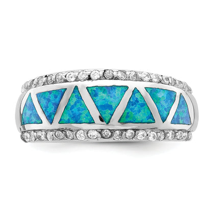 Sterling Silver Rhodium Plated Triangle Lab Created Blue Opal & Cz Ring