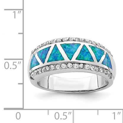 Sterling Silver Rhodium Plated Triangle Lab Created Blue Opal & Cz Ring