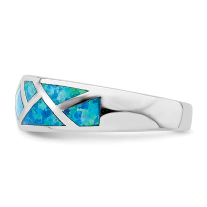 Sterling Silver Rhodium Plated Geometric Lab Created Blue Opal Ring