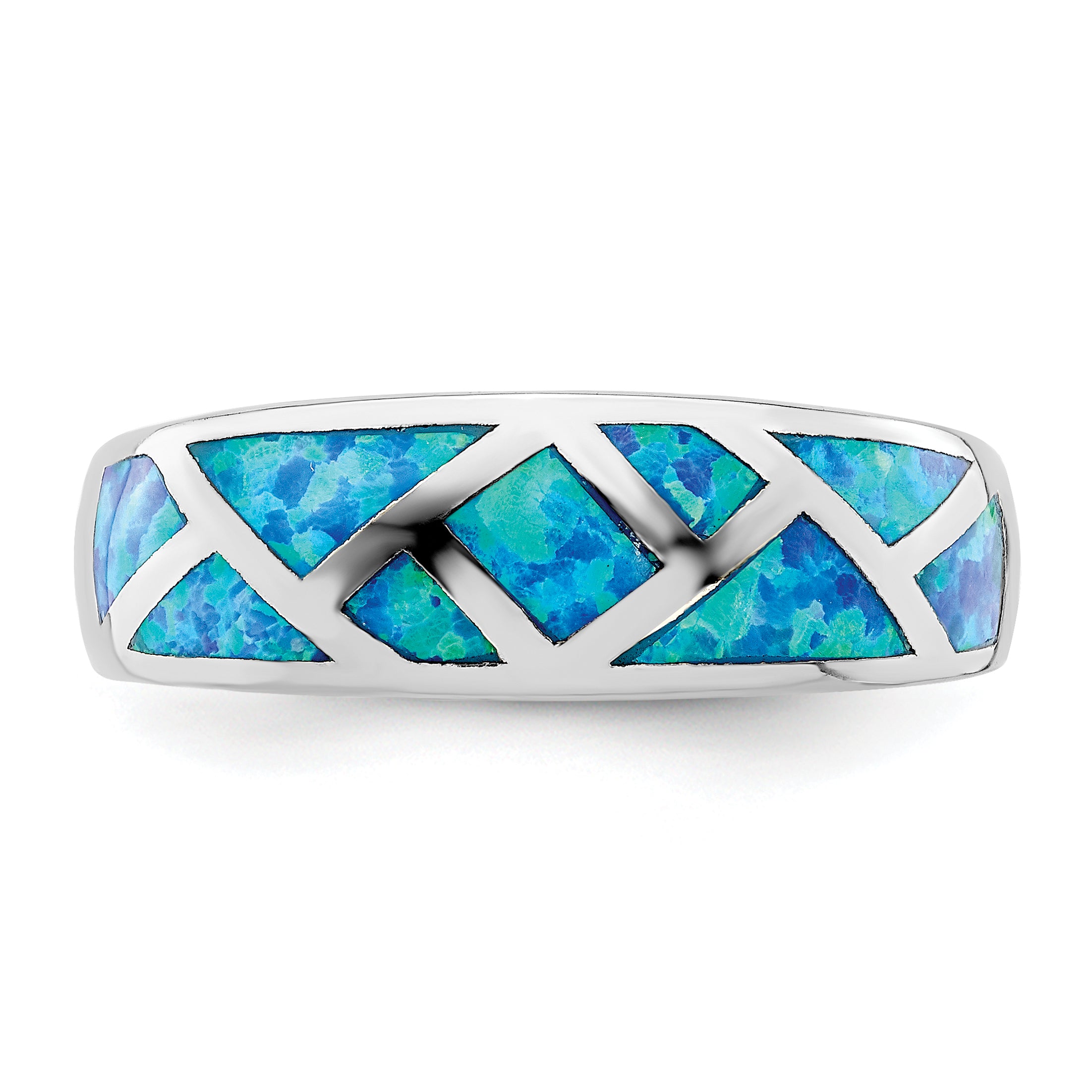 Sterling Silver Rhodium Plated Geometric Lab Created Blue Opal Ring