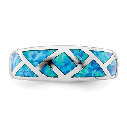 Sterling Silver Rhodium Plated Geometric Lab Created Blue Opal Ring
