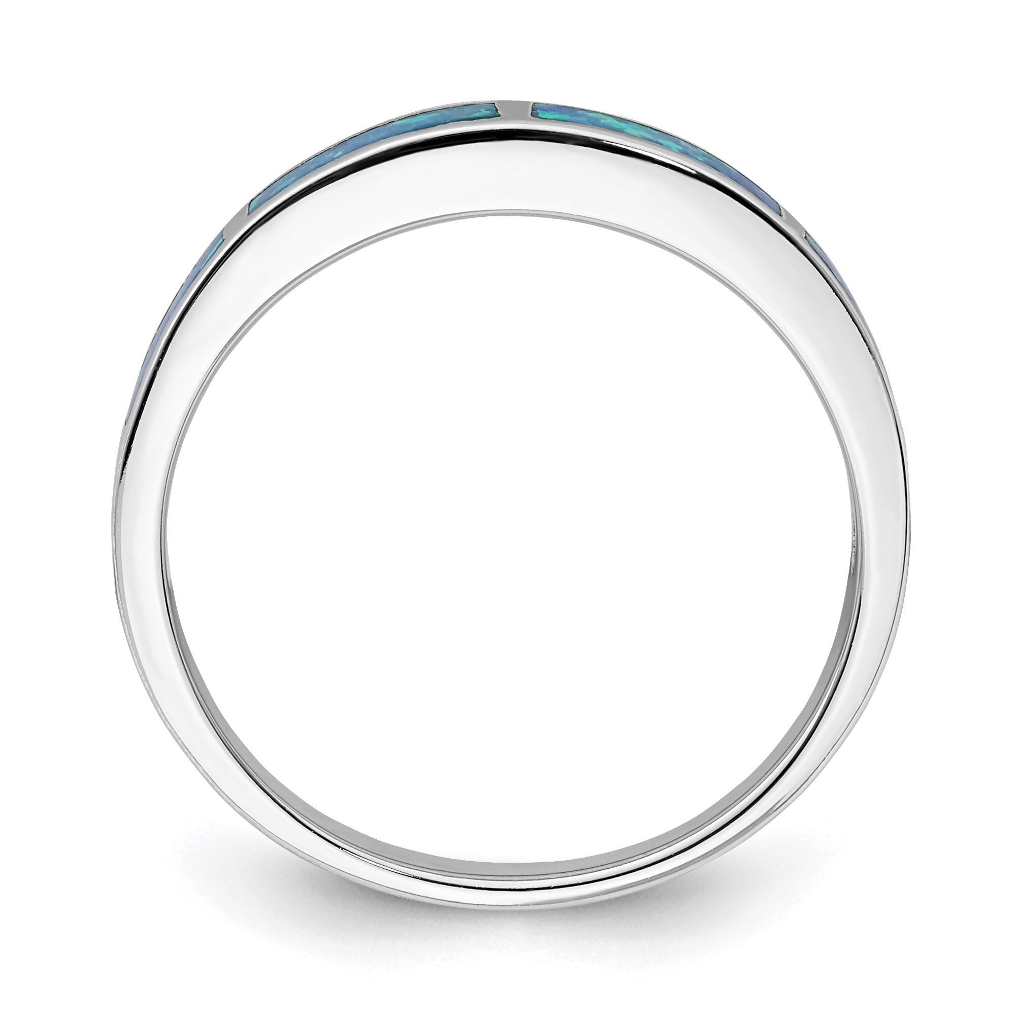 Sterling Silver Rhodium Plated Lab Created Blue Opal Inlay Band