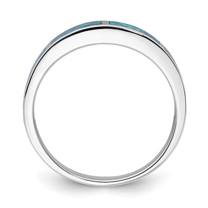 Sterling Silver Rhodium Plated Lab Created Blue Opal Inlay Band