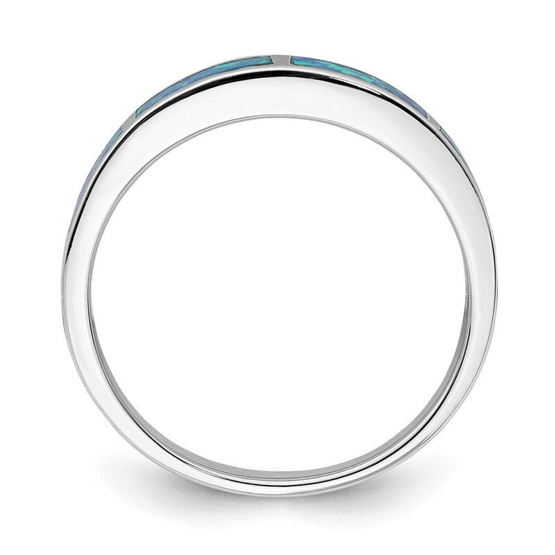 Sterling Silver Rhodium Plated Lab Created Blue Opal Inlay Band