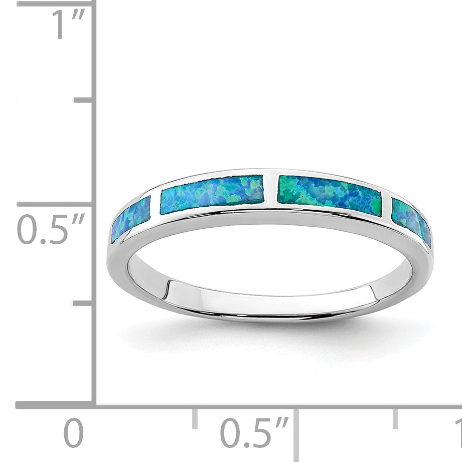 Sterling Silver Rhodium Plated Lab Created Blue Opal Inlay Band