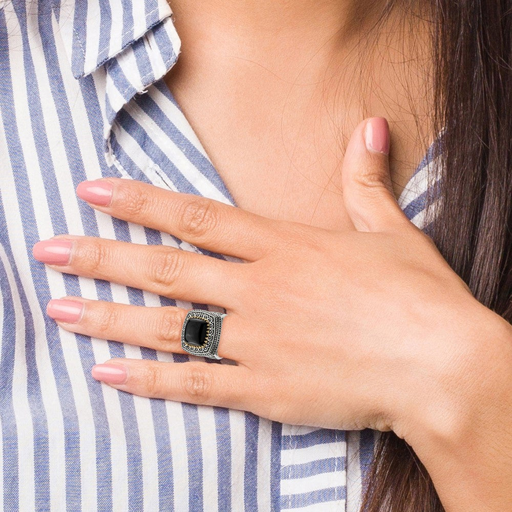 14K/Silver Two Tone Sterling Silver 14K Onyx Ring (Size 6 Only)