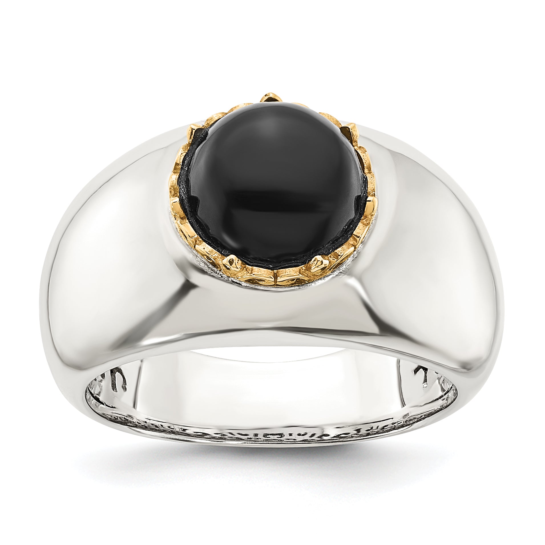 14K/Silver Two Tone Sterling Silver 14K Round Black Onyx Ring (Size 8 Only)