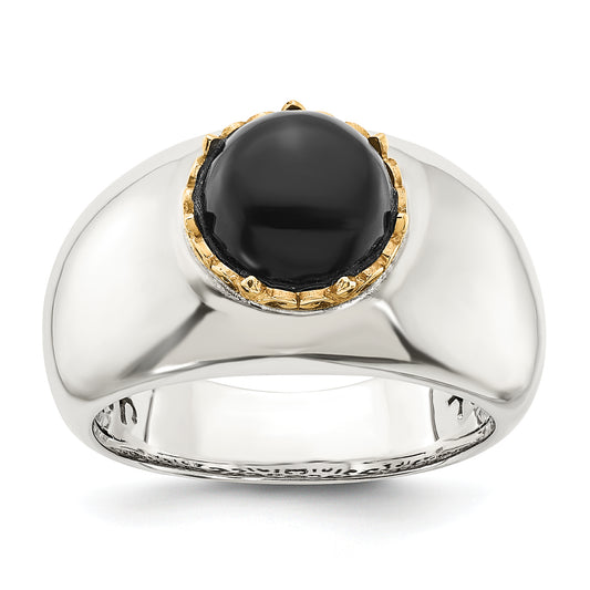 14K/Silver Two Tone Sterling Silver 14K Round Black Onyx Ring (Size 8 Only)