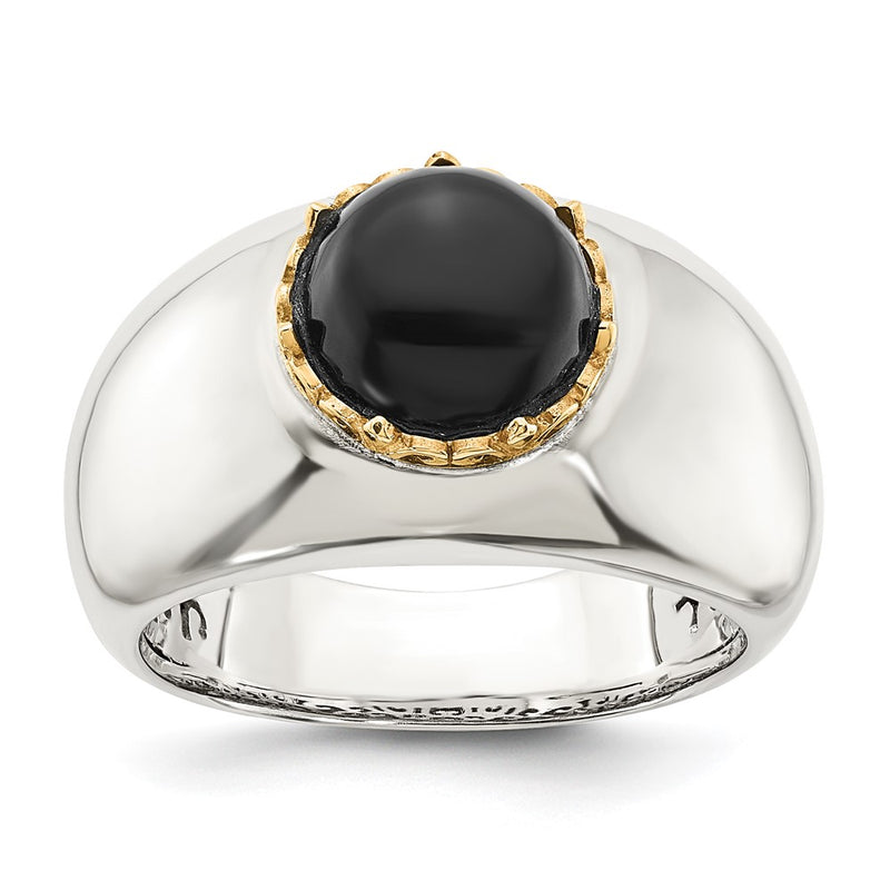 14K/Silver Two Tone Sterling Silver 14K Round Black Onyx Ring (Size 8 Only)
