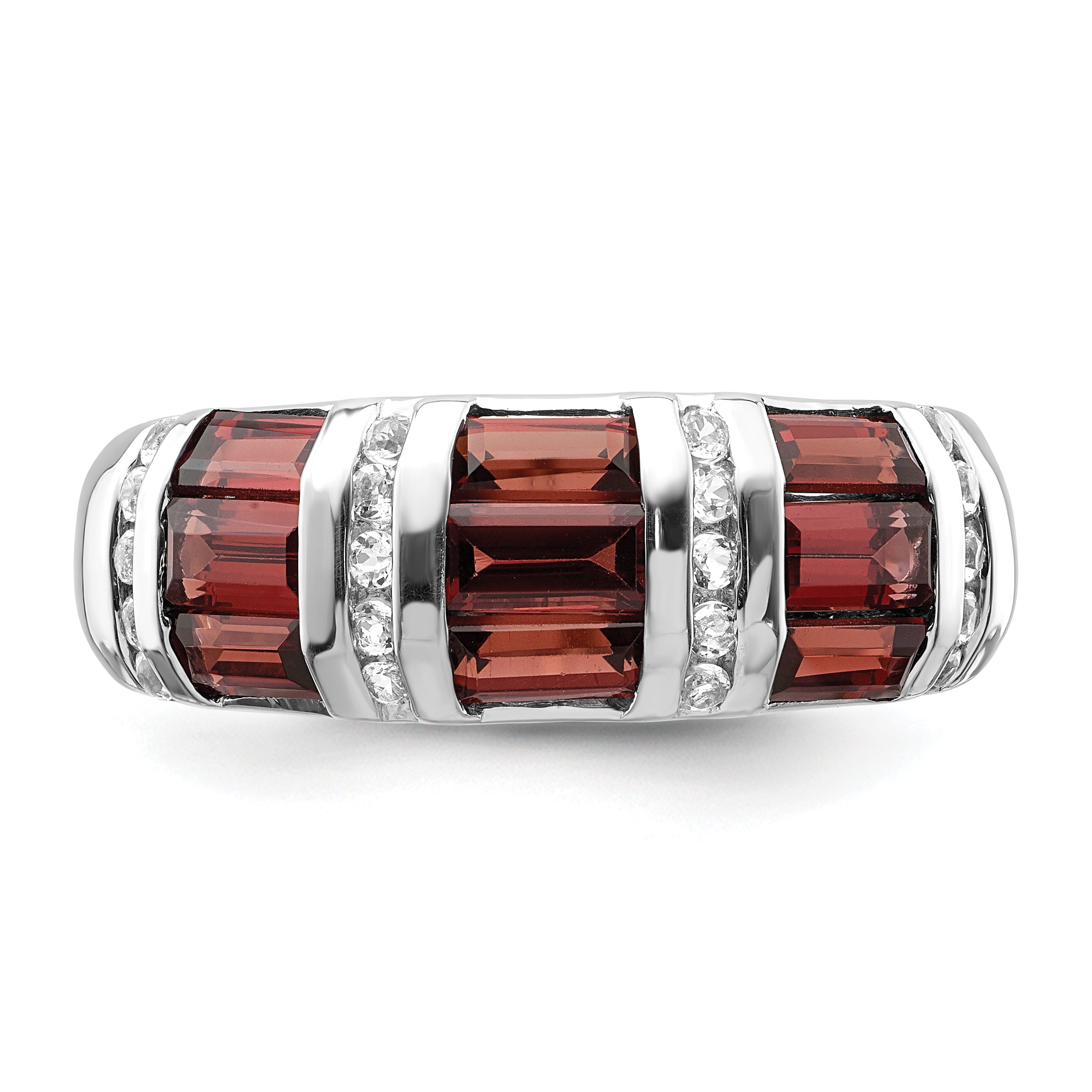 Sterling Silver Rhodium Plated Baguette Garnet & White Topaz Ring (Size 6 Only)
