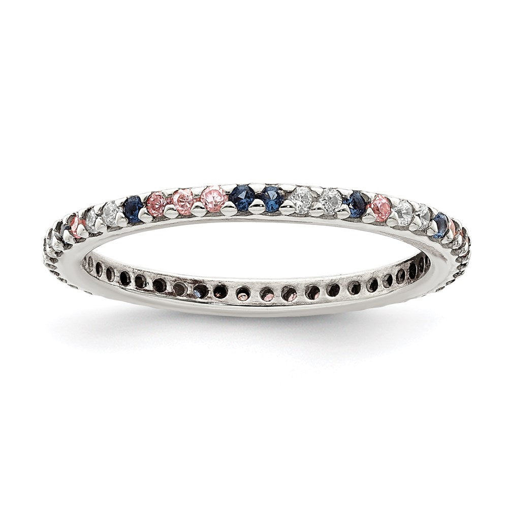 Sterling Silver Rhodium Plated With Blue, Pink & Clear Cz Ring