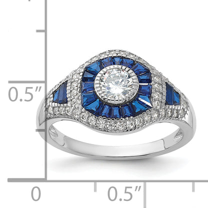 Sterling Silver Rhodium Plated Synthetic Blue Spinel & Cz Ring
