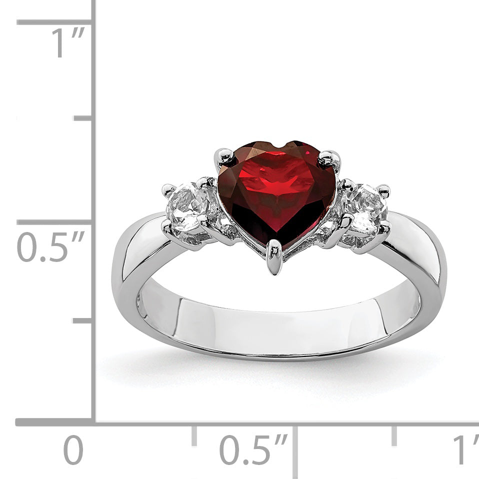 Sterling Silver Rhodium Plated Heart Garnet & White Topaz Ring