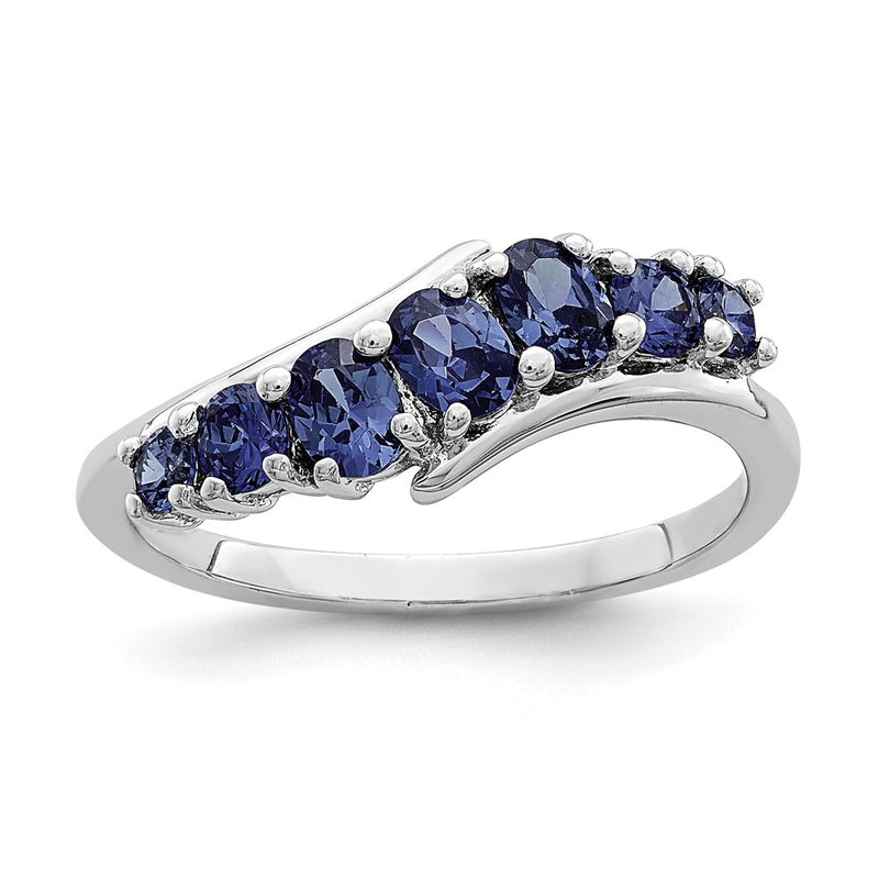Sterling Silver Rhodium Plated 7 Stone Blue Cz Ring (Size 6 Only)