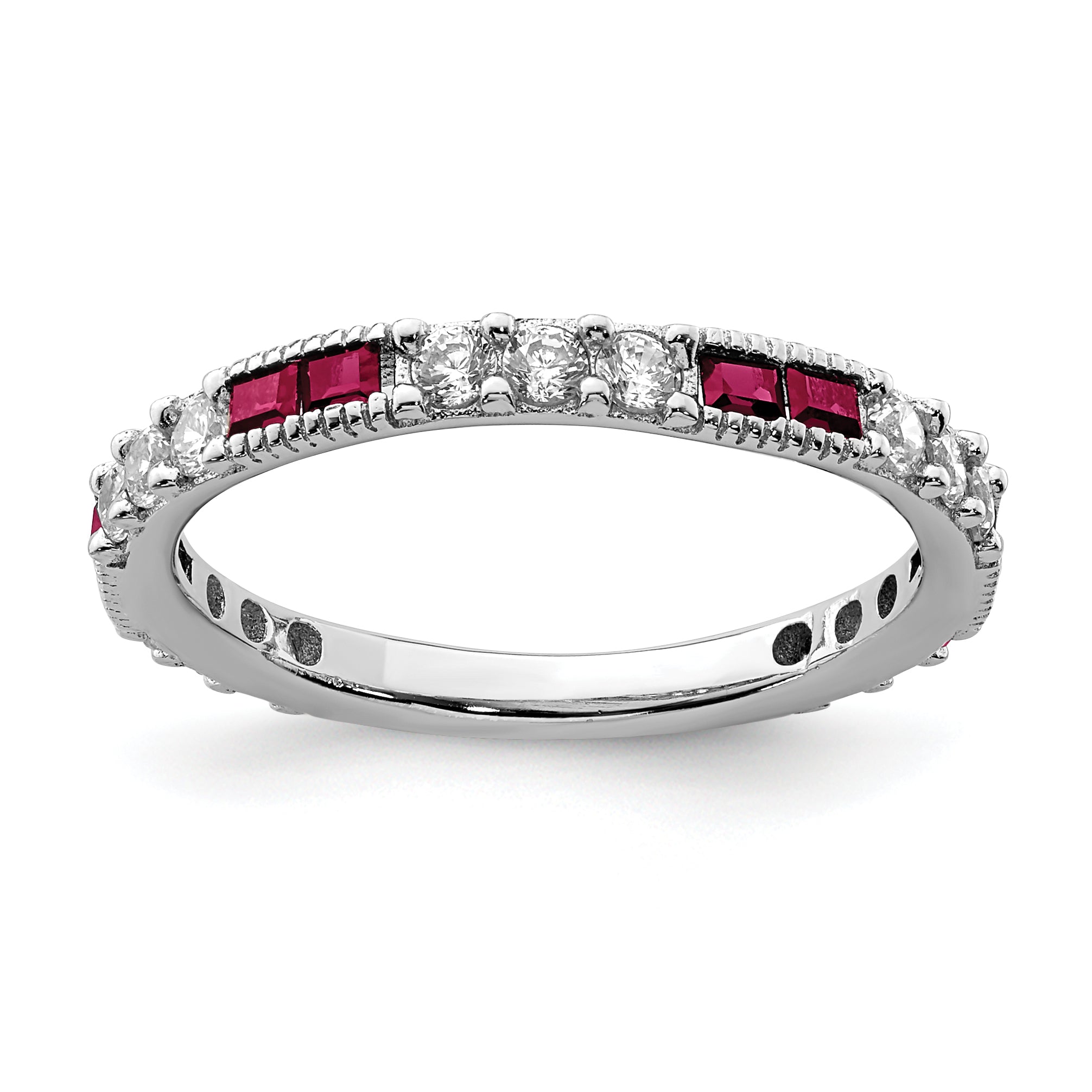 Sterling Silver Rhodium Plated Created Ruby And Round Cz Band