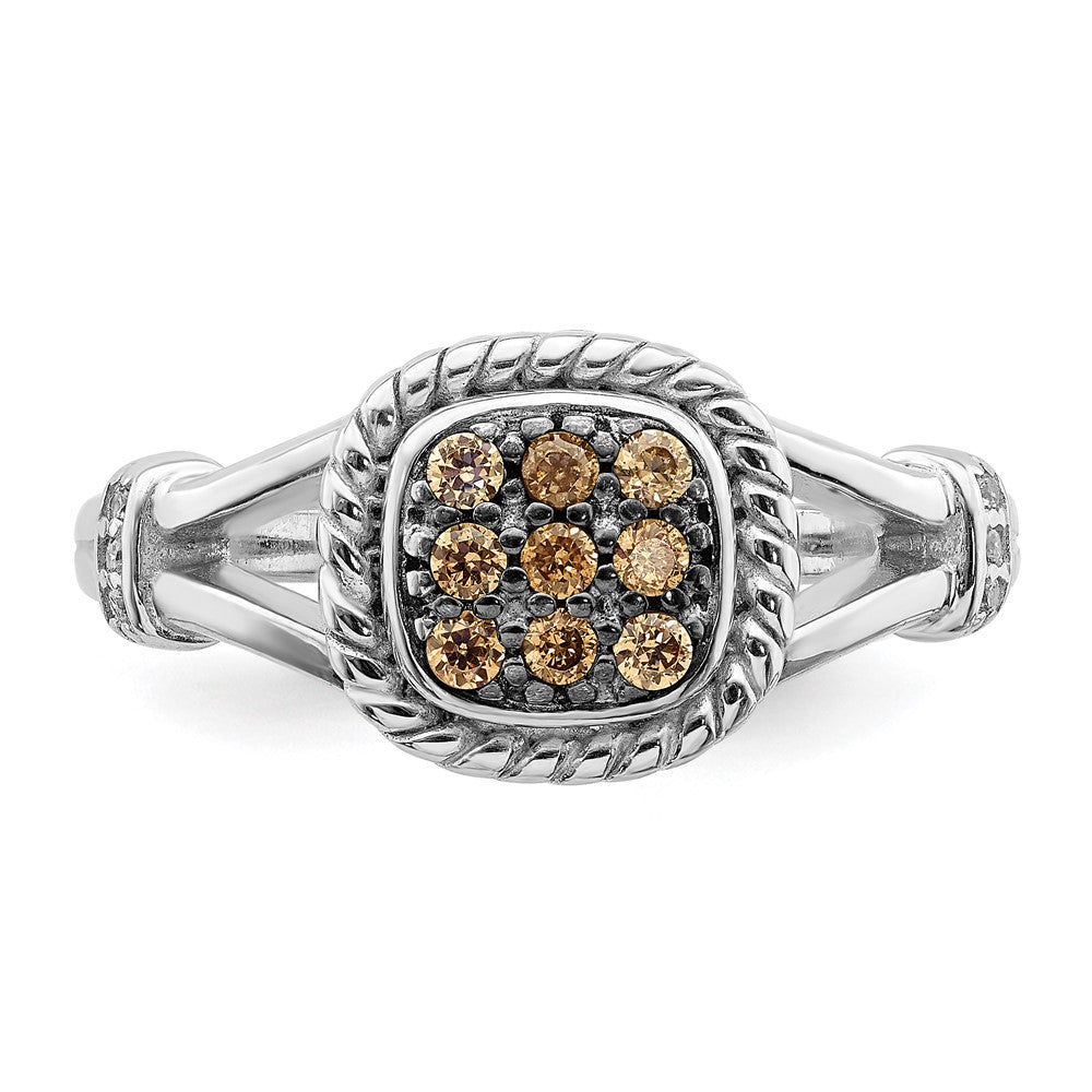 Sterling Silver Rhodium Plated Champagne & Clear Cz Ring