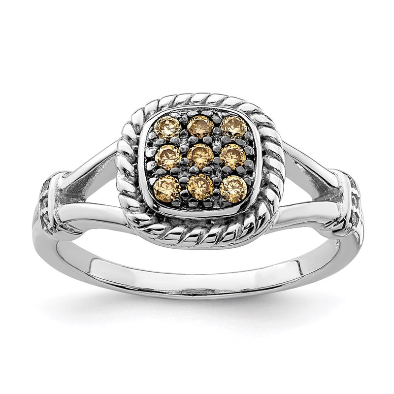 Sterling Silver Rhodium Plated Champagne & Clear Cz Ring