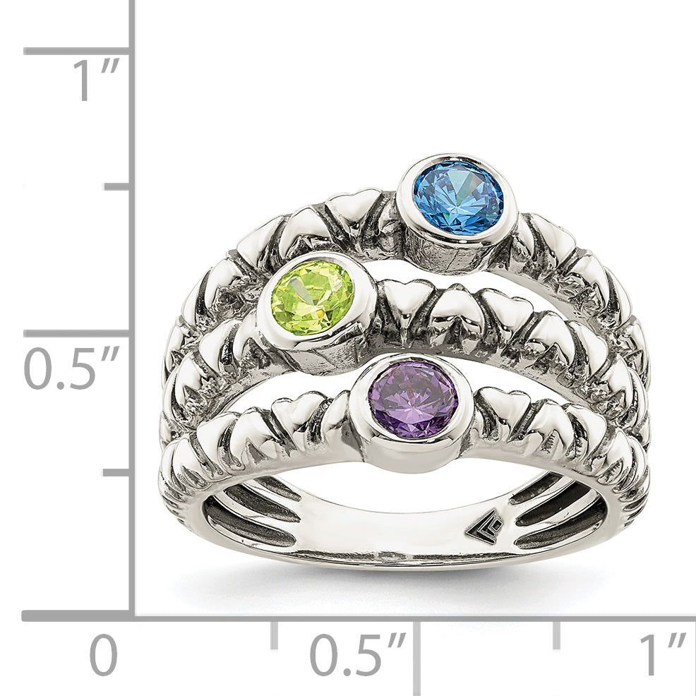Sterling Silver Blue, Green & Purple Cz Oxidized Ring