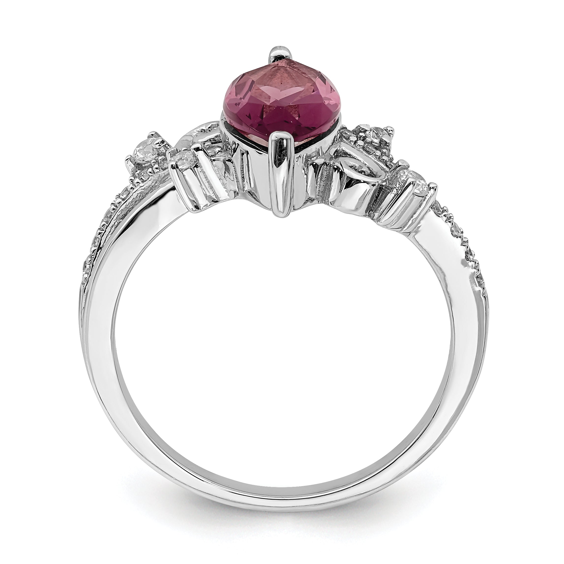 Sterling Silver Rhodium Plated Red Glass Marquise Stone & Cz Ring