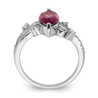 Sterling Silver Rhodium Plated Red Glass Marquise Stone & Cz Ring