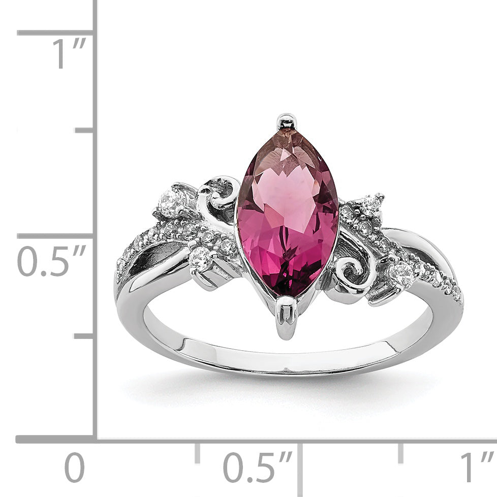 Sterling Silver Rhodium Plated Red Glass Marquise Stone & Cz Ring