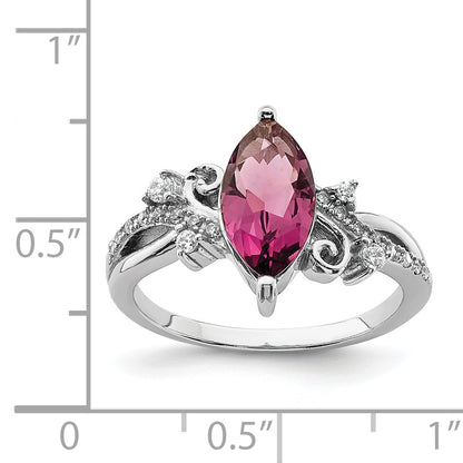 Sterling Silver Rhodium Plated Red Glass Marquise Stone & Cz Ring