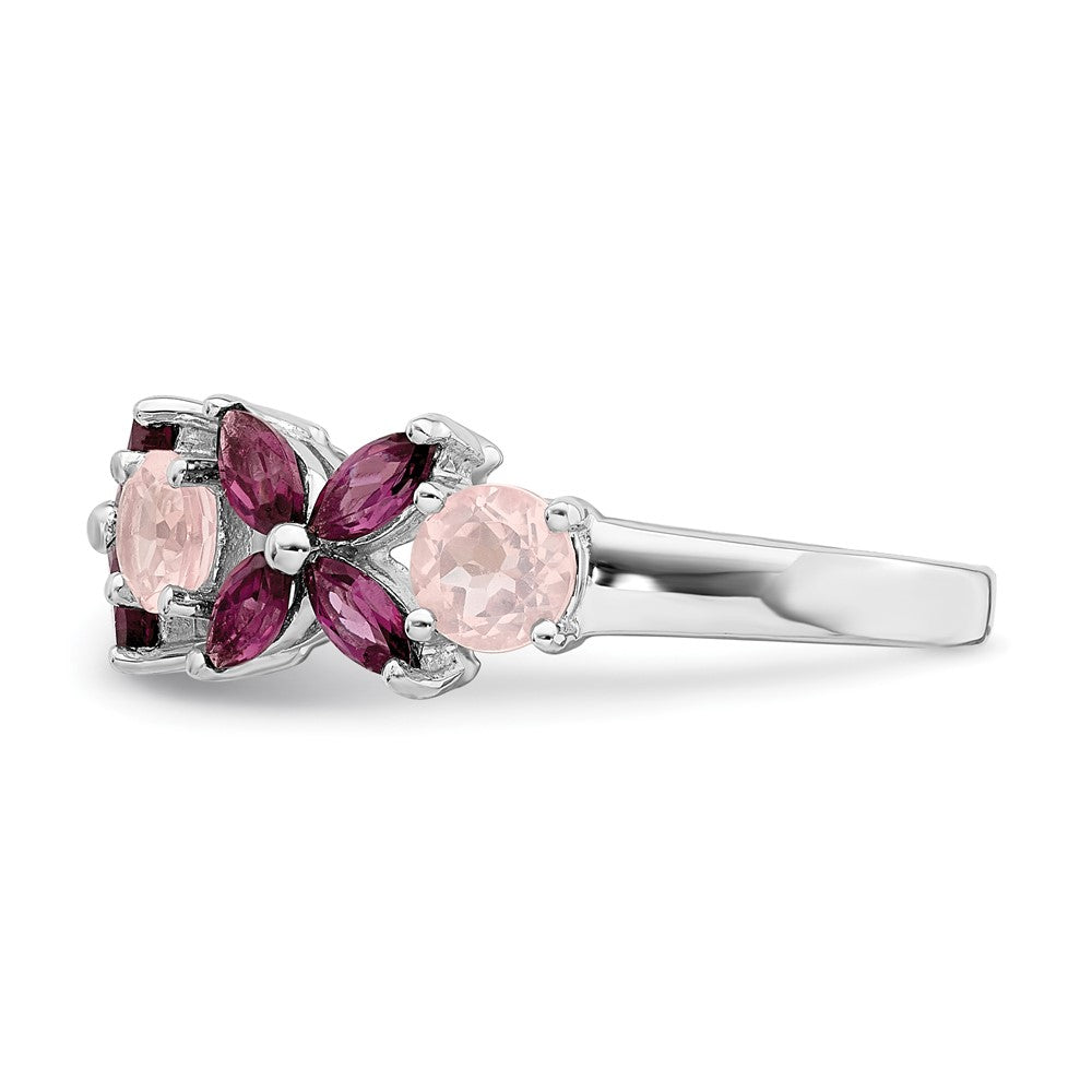 Sterling Silver Rhodium Plated Rose Quartz & Rhodolite Ring (Size 8 Only)