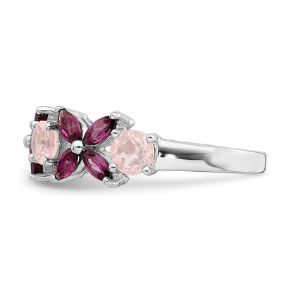 Sterling Silver Rhodium Plated Rose Quartz & Rhodolite Ring (Size 8 Only)