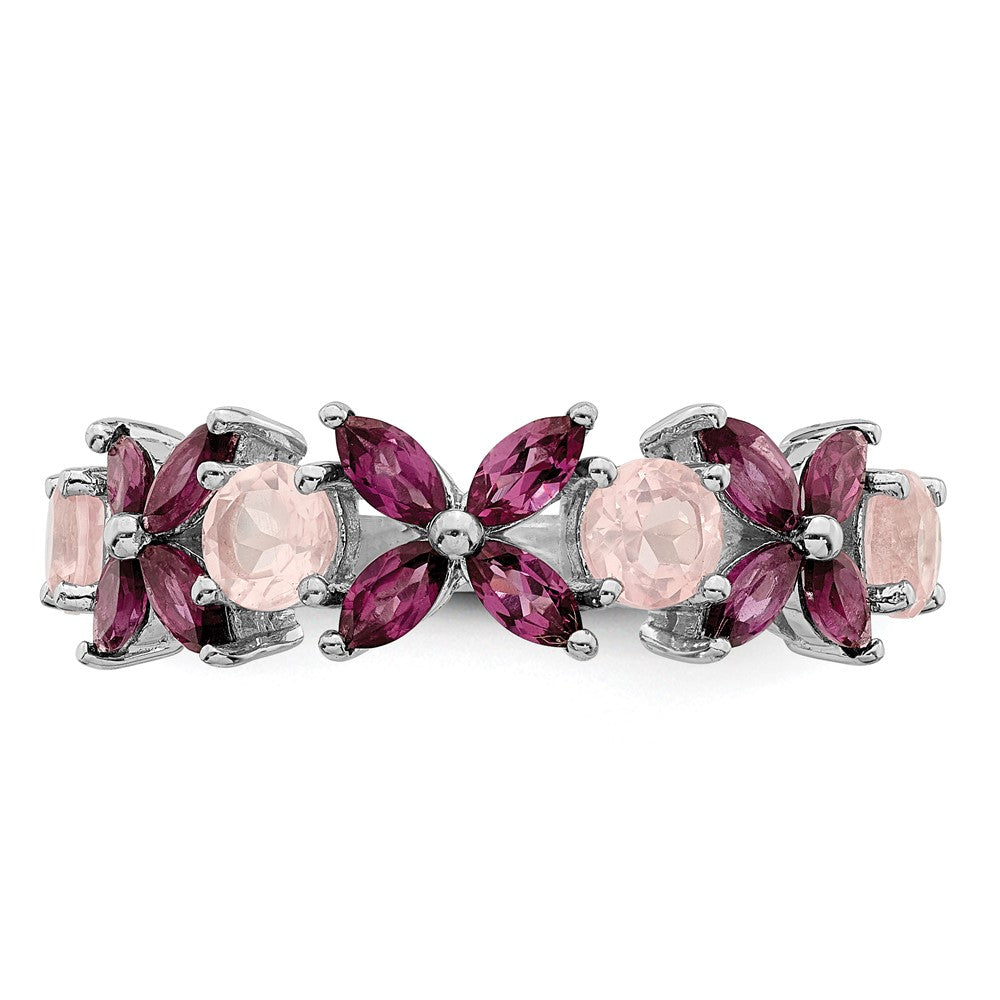 Sterling Silver Rhodium Plated Rose Quartz & Rhodolite Ring (Size 8 Only)