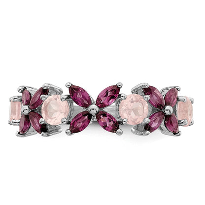 Sterling Silver Rhodium Plated Rose Quartz & Rhodolite Ring (Size 8 Only)