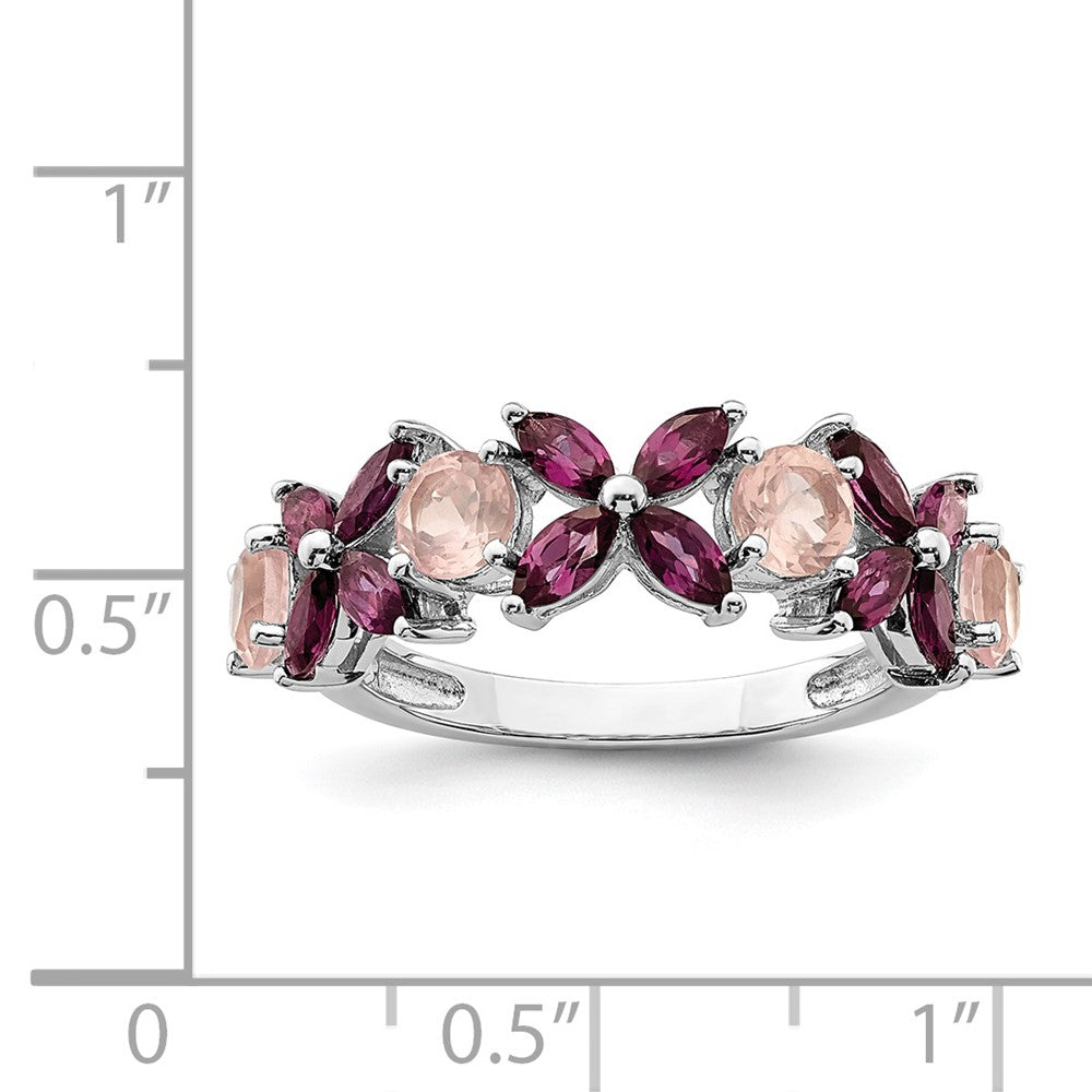 Sterling Silver Rhodium Plated Rose Quartz & Rhodolite Ring (Size 8 Only)
