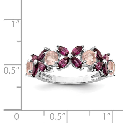 Sterling Silver Rhodium Plated Rose Quartz & Rhodolite Ring (Size 8 Only)
